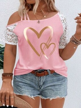 Classy Soft Pink Lace-Sleeve Heart Graphic Top Size 16